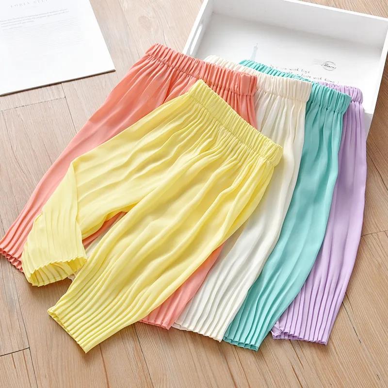 Children's Summer Pants Cute Pleated Chiffon Pants Girls Casual Loose Thin Eight-point Pants