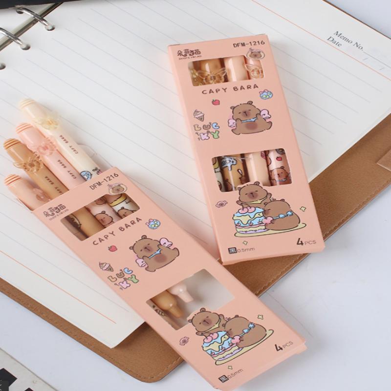 4Pcs Cartoon Capybara Press Black Ink Gel Pen School Stationery Supplies Quick-Drying Pens School Office Student Stationery Gift