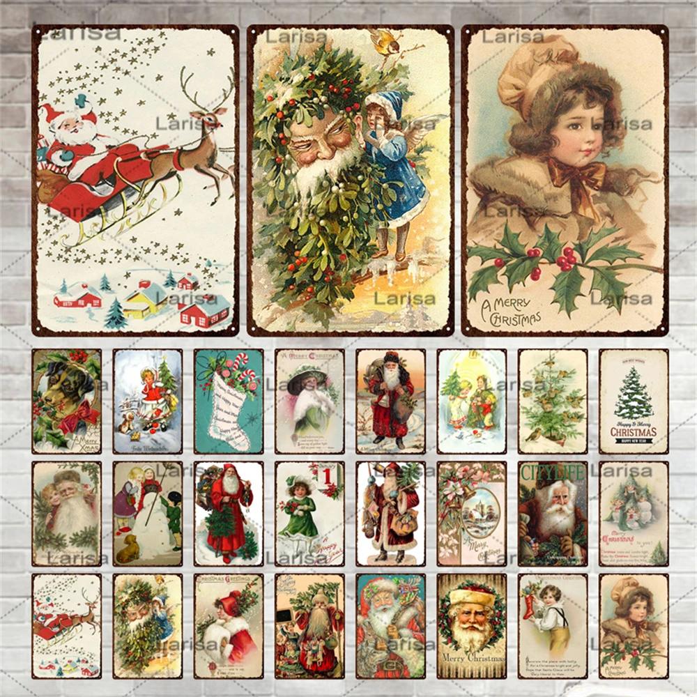 Festival Christmas Santa Claus Tin Sign Vintage Metal Poster Snowman Kitchen Home Bedroom Wall Art Decor Tinplate Signs Plaques
