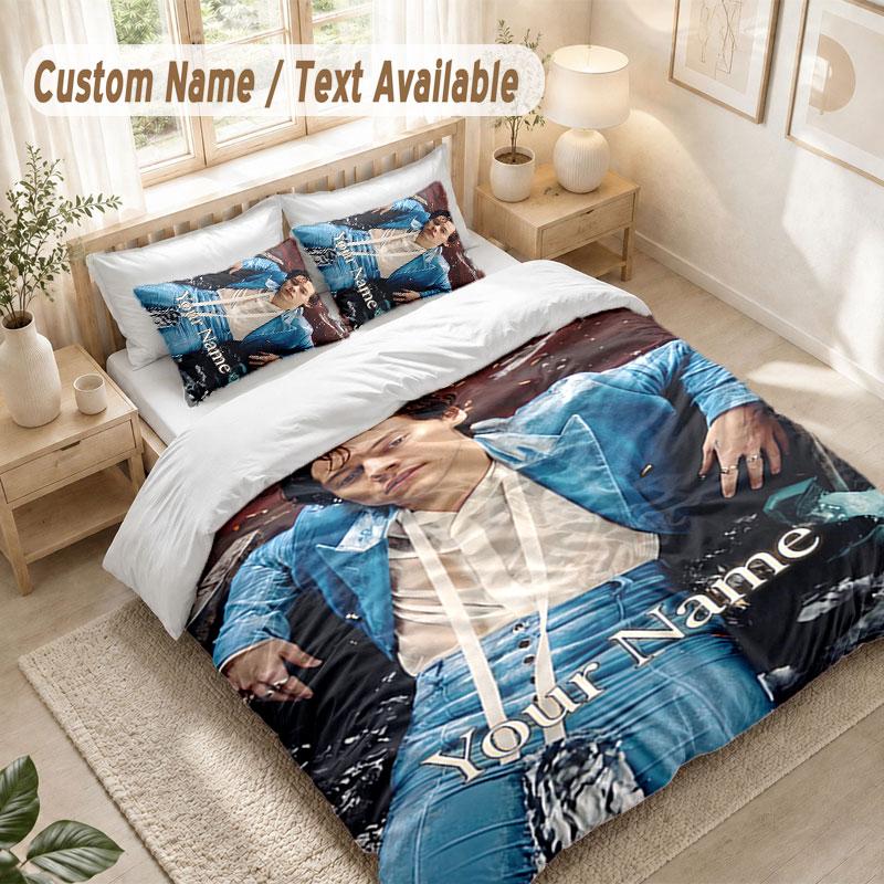 Custom Name Bedding Set 3 PiecesHarry Styles Print Duvet Cover + 2 Pillowcases Soft Bed Decor