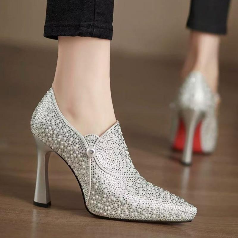 Scarpe con Tacco Alto Strass Scarpe Sexy a Punta Alta Scarpa Singola Lusso Perla Cristallo Scarpa da Sposa Pumps Color Champagne Scarpe da Sposa
