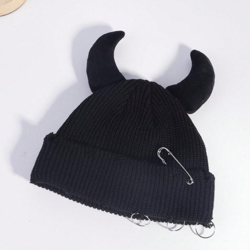1pc Unisex Horns Cartoon Beanie Hat,Cute Warm Multi-functional Skull Street Cap,Suitable for Halloween,party,festival in Winter
