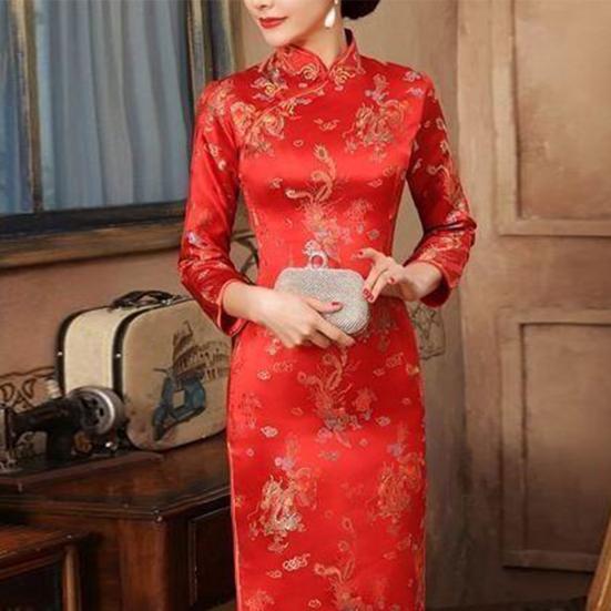 Dámské Klasické čínské šaty Čínský styl Vintage květinový potisk Stojánek Límec Dlouhý rukáv Rozdělený Délka kotníku Maxi šaty Qipao Cheongsam