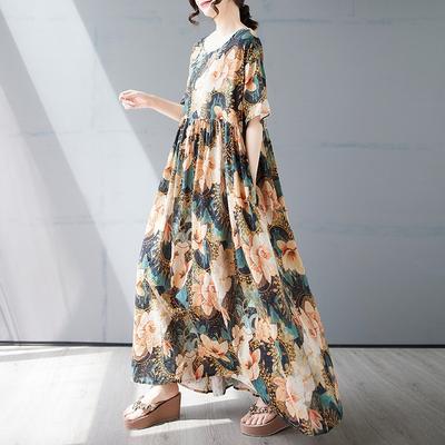Summer New Simple Bohemian Long Dress Fattened and Enlarged Short-sleeved Crew Neck Printed Dress Women's Clothing