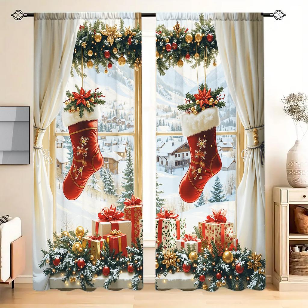 2pcs Christmas Snow Scene Printed Curtain for Christmas Home Decor - Rod Pocket Window Treatment for Bedroom,Office,Kitchen