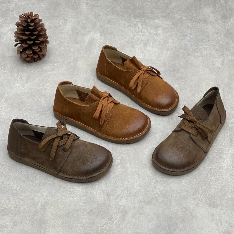 Johnature Casual Genuine Leather Lace-up Flats Round Toe Solid Color Cowhide Versatile Women's Shoes