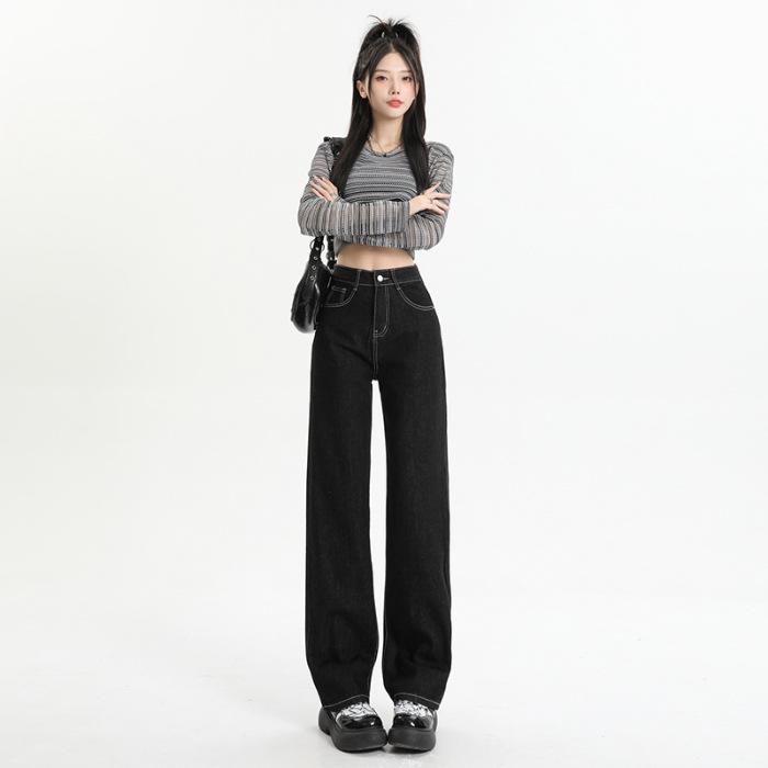 Women's High Rise Straight Leg Jeans Loose Fit Thick Fleece Lined Wide Leg Denim Pants Elegant Commuter Winter Trousers