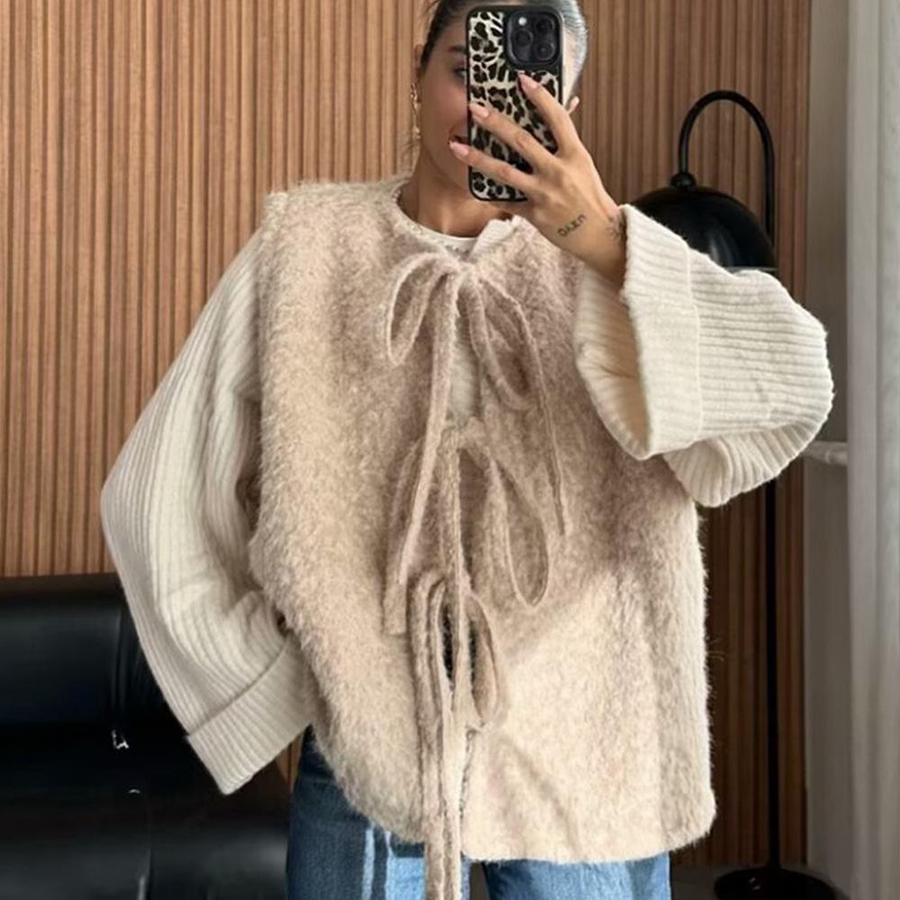 Dámská tvídová vesta s mašlí v pase Elegantní vlněná bez rukávů s kulatým výstřihem Dámská zkrácená vesta 2025 Módní nová svrchní oděv pro rané jaro