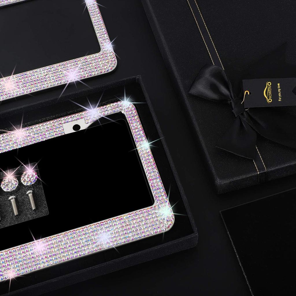 Bling License Plate Frames With High End Ribbon Gift Box,2 Pack Rhinestone License Plate Frame,Handcrafted Crystal Premium Stainless Steel Bling