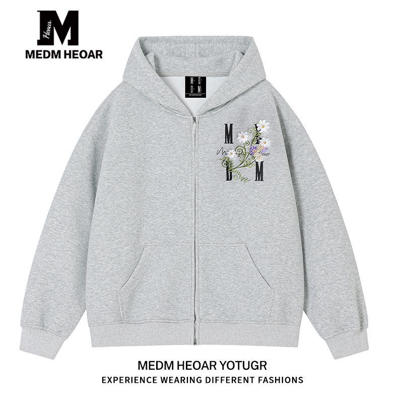 

[Three Labels Complete] Medm Heoar Embroidered Letters Hoodie Men and Women Hooded zip-up Casual Outerwear Top Light Gray [Velvet Thickened Version] 2XL