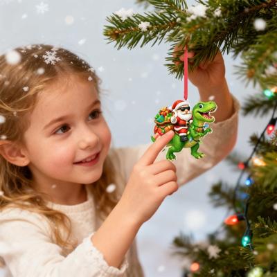 Santa Riding Dinosaur Ornament Funny Santa Claus Acrylic Hanging Decoration Novelty Dino Christmas Tree Ornament for Kids Boys Men