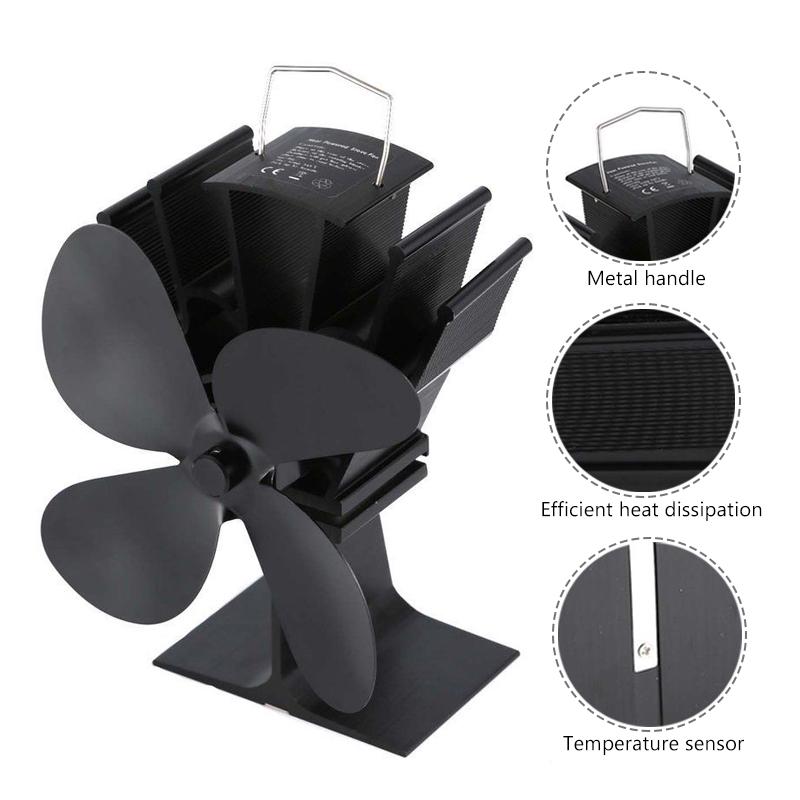 Heat Powered Komin Wood Burner Eco Fan Black Stove Fan 4 Blade Fireplace Fan Friendly Quiet Home Efficient Heat Distribution