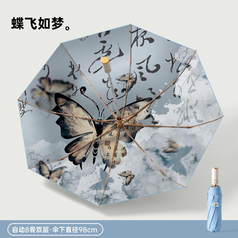 2025 popular three-fold 8-bone color glue digital weather and rain dual-purpose retro literary parasol plus