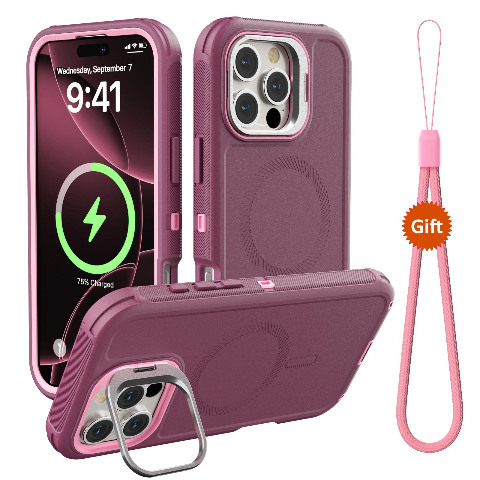 

For iPhone 16 Pro Max Magnetic Case Lens Kickstand 3 in 1 Detachable TPU+PC Phone Back Cover with Lanyard Wine Red