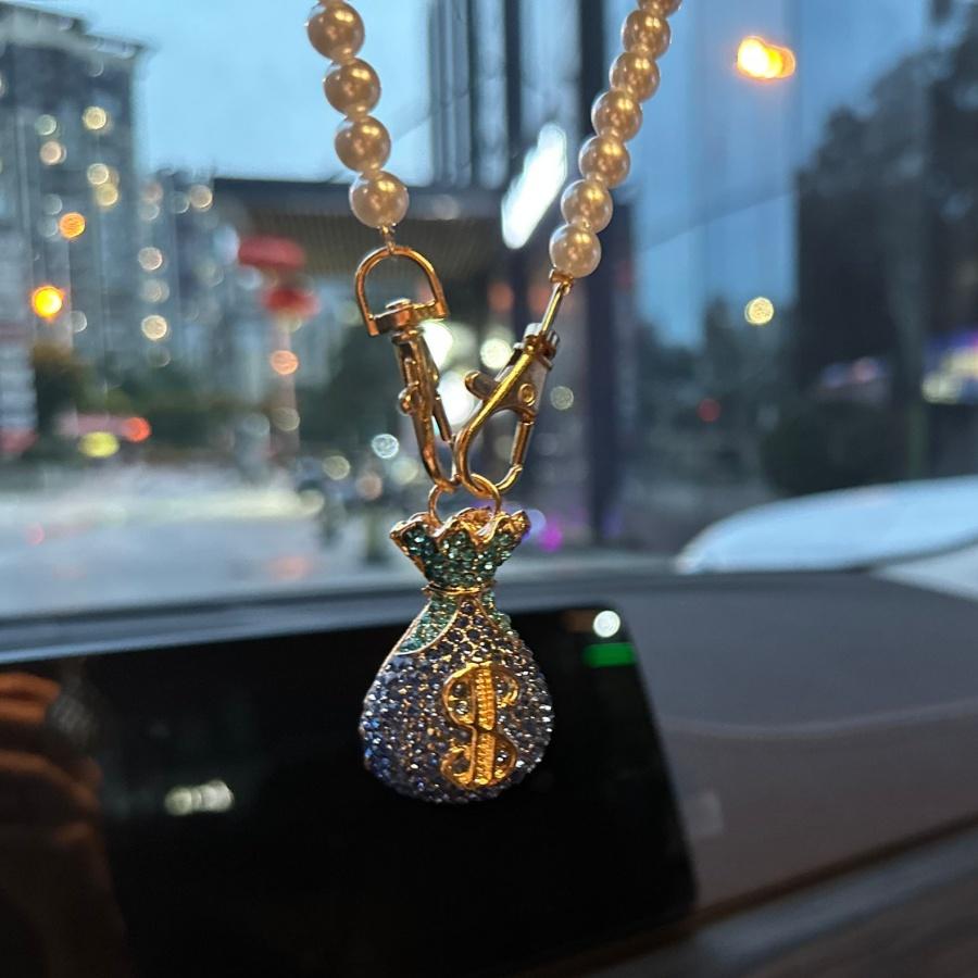 

1pcRhinestone Wallet Car Hanging Decoration Rearview Mirror Gold Blue Metal Keychain Pearl Chain Bag Pendant синій