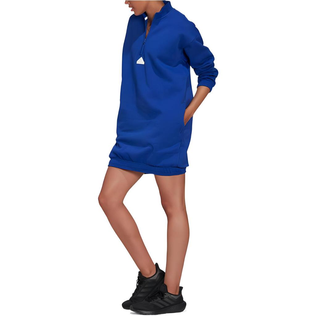 adidas Einfarbiges Kleid mit Logo-Print, halbem Reißverschluss und langen Ärmeln für Damen, blau, HM2894
