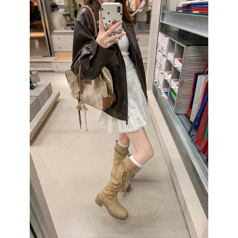 Egyptian Boots~ Tassel Coarse Heel Medium Tall Boots Western Cowboy Boots Women's Pile Boots