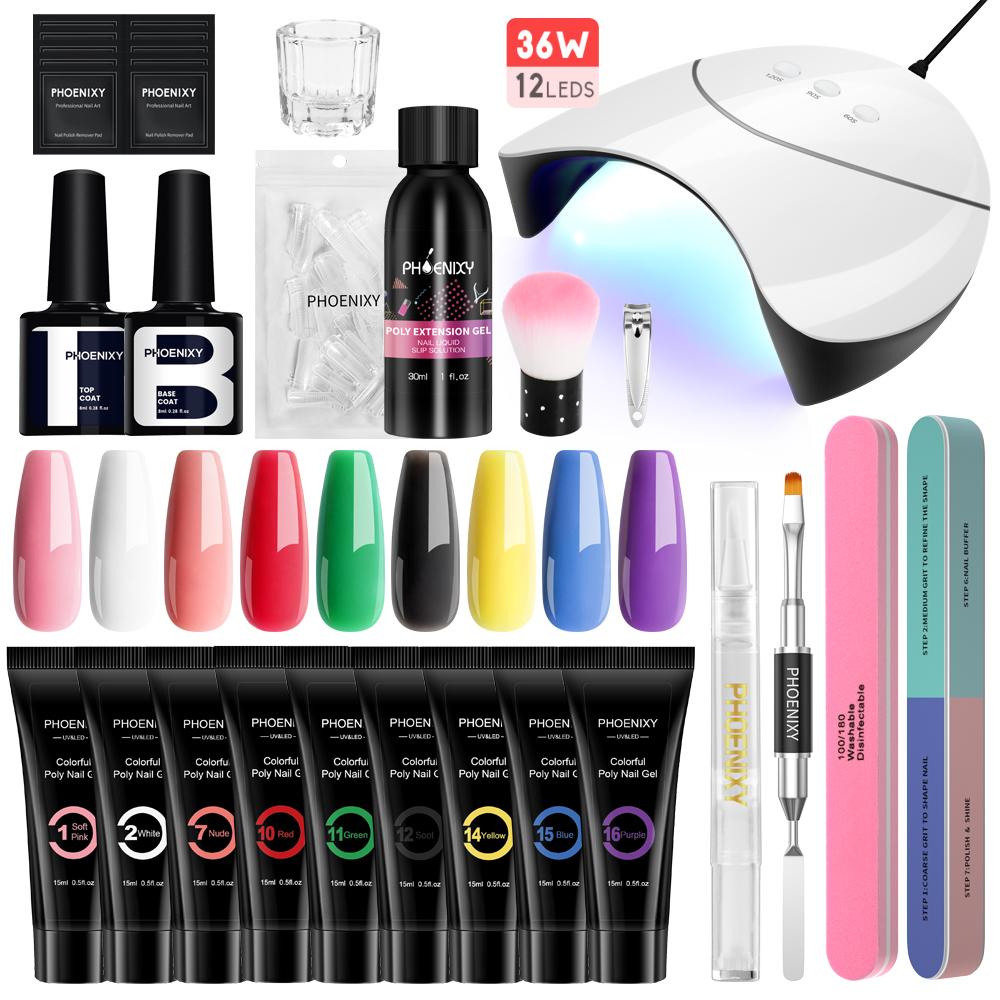 

PHOENIXY Поли УФ гель Набор 15 мл Поли Гель для ногтей с 36W УФ светодиодная лампа Быстрое построение Гель для наращивания ногтей Камуфляж УФ LED Твердый гель Акрил
