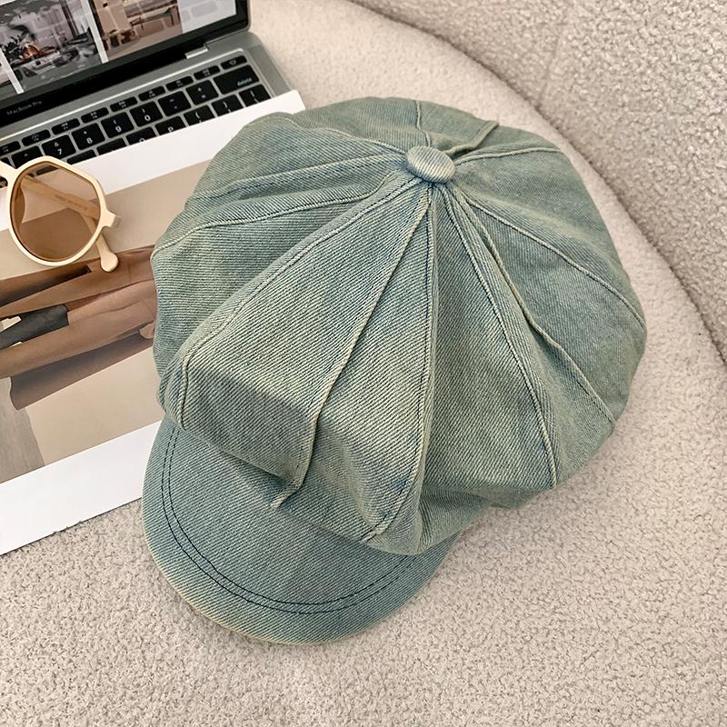Japanese Simple Washed Denim Beret Women'S Spring Summer Literary And Retro Big Head Sunshade Octagonal Newsboy Cap Gorras