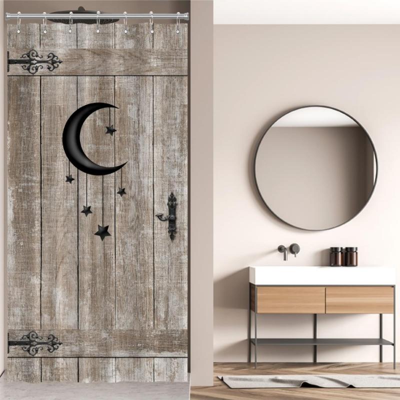 

Moon Star Barn Door Shower Curtain Small Stall Rustic Wooden Plank Vintage Farmhouse Country Old Garage Home Bathroom Decor W60H190(CM)-1 Pcs