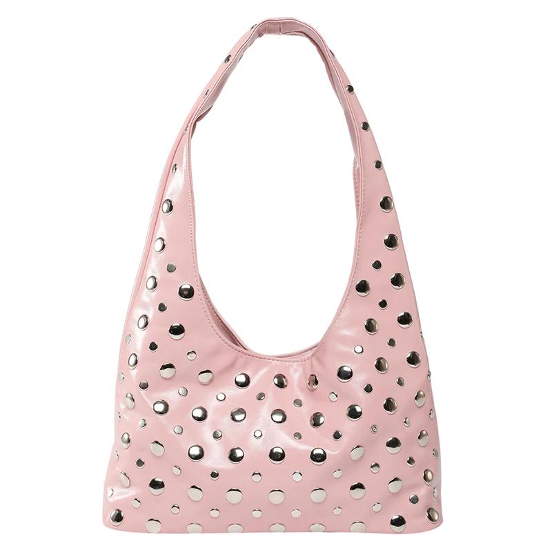 Fashion Glossy PU Rivets Unique Design Sweet Tote Bags Personality Popularity Commute Sense of Luxury Shoulder Bags for Women