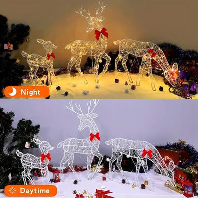Weihnachtsleuchtende Rentierdekoration Außen Beleuchtete Hirschfamilie mit Schleife 2D Wasserdichtes Metallrentier für Hof Terrasse Rasen Garten Partydekor