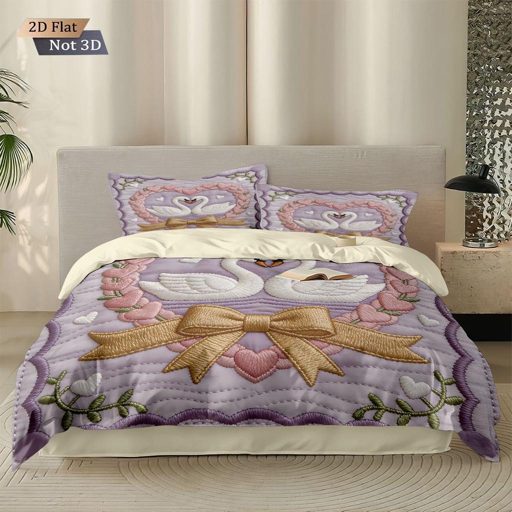 3pcs Valentine's Day Romantic Swan Love Print Coreless Down Duvet Cover Set Comfortable Bedroom Bedding Decoration