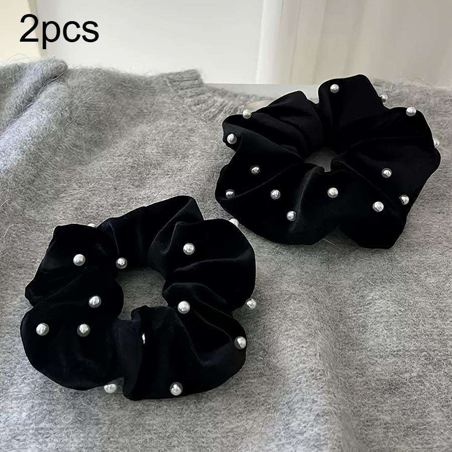 2pcs Black Velvet Hair Rings with Imitation Pearls | Vintage Style, Solid Color, Perfect for Autumn and Winter