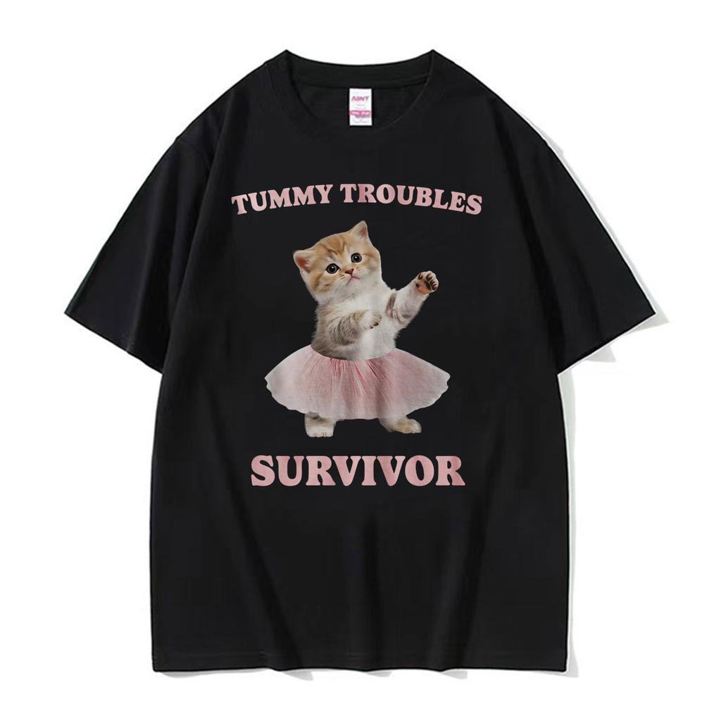 Tummy Troubles Survivor Funny Cat Meme Graphic T Shirt Unisex Unisex Fashion Humor Kawaii Tshirts Cotton Loose High Quality Tshirt