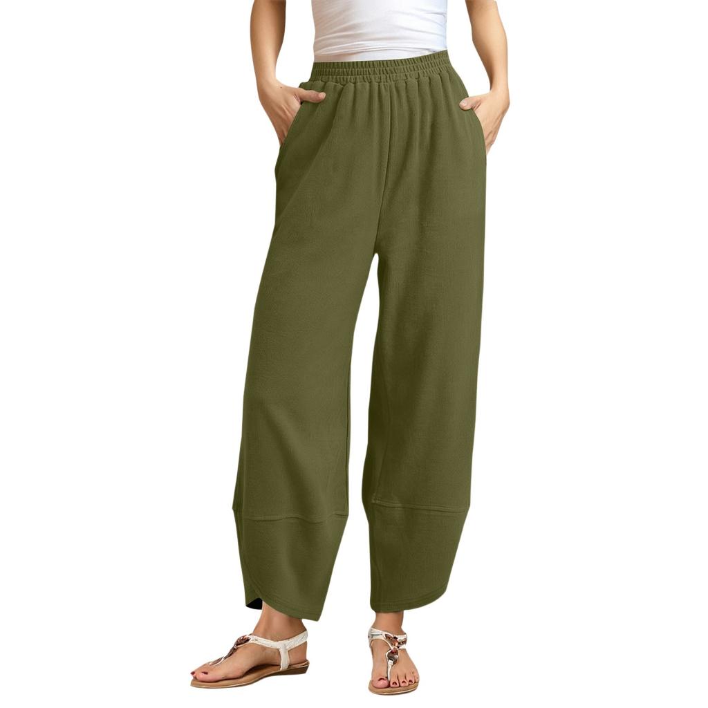 Damen Schräge Tasche Elastischer Bund Cropped Hose Lässige Baumwoll- und Leinenhose