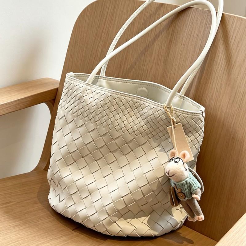 Stylish PU Woven Bucket Bag Women Medium Size Multi-Compartment Magnetic Adjustable Double Strap Urban Casual