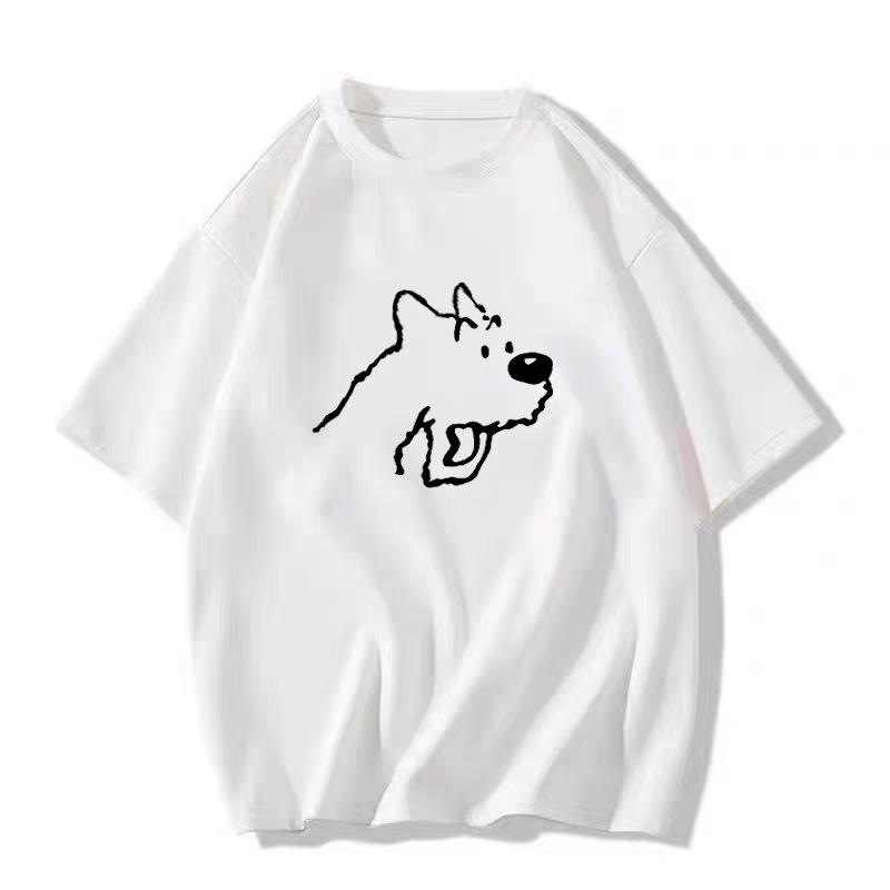 Women's Summer 2025 Gray Loose-Fit Puppy T-shirt - Cute Short Sleeve Pure Cotton