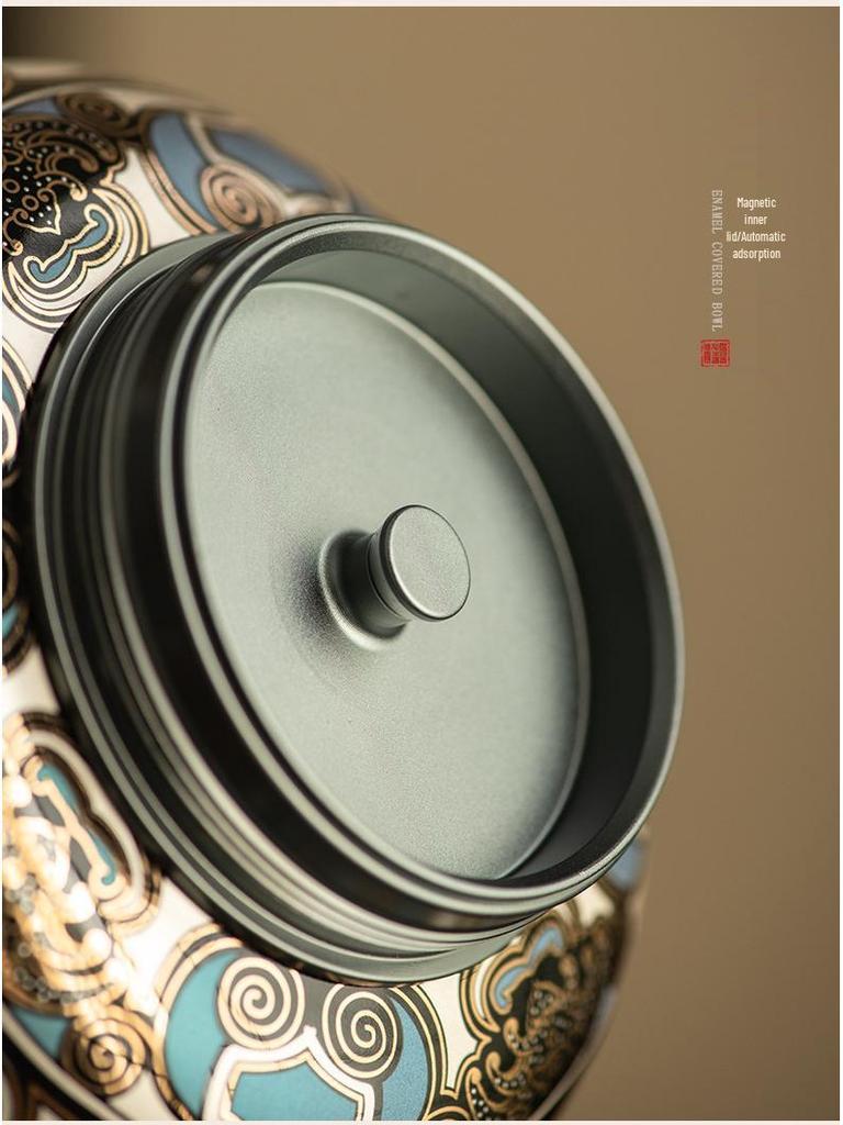 Taotie Ceramic Tea Can with Gold & Silver Inlay - Double-Metal Lid & Sealed Storage, Retro Chinese Design