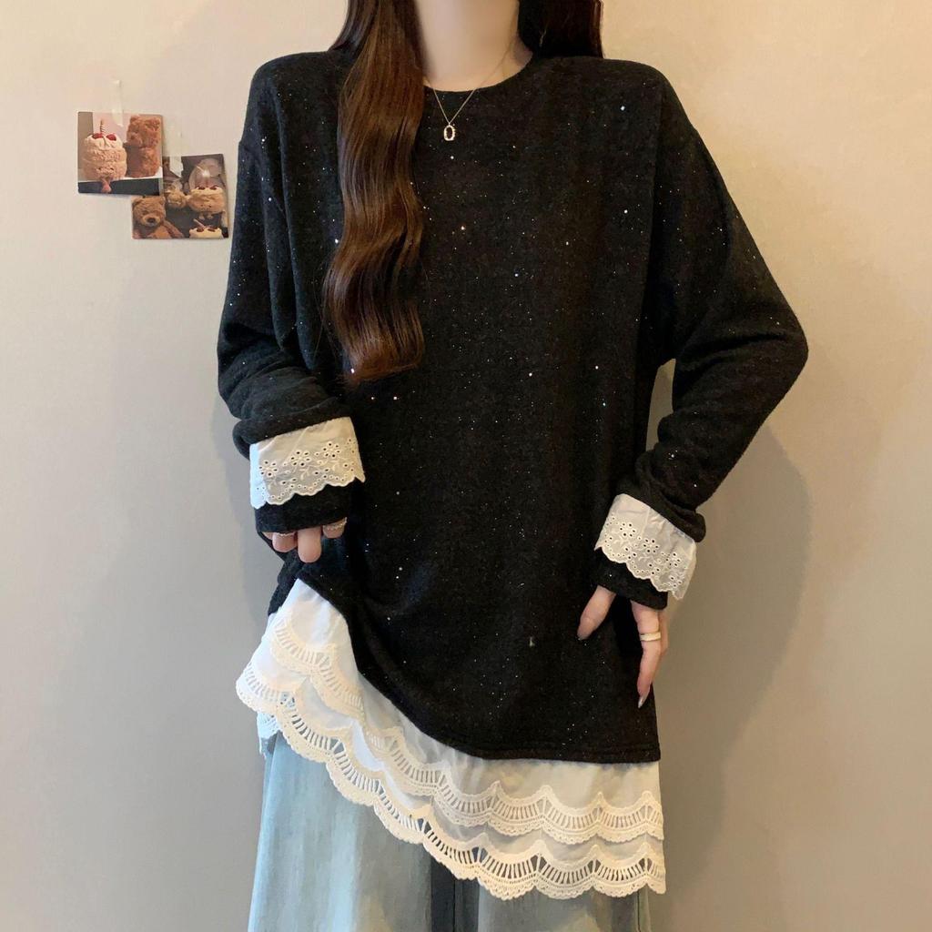 Plus Size Velvet Lace Patchwork Long Sleeve T-shirt for Women, New Autumn/Winter Style, Loose and Flattering Fit