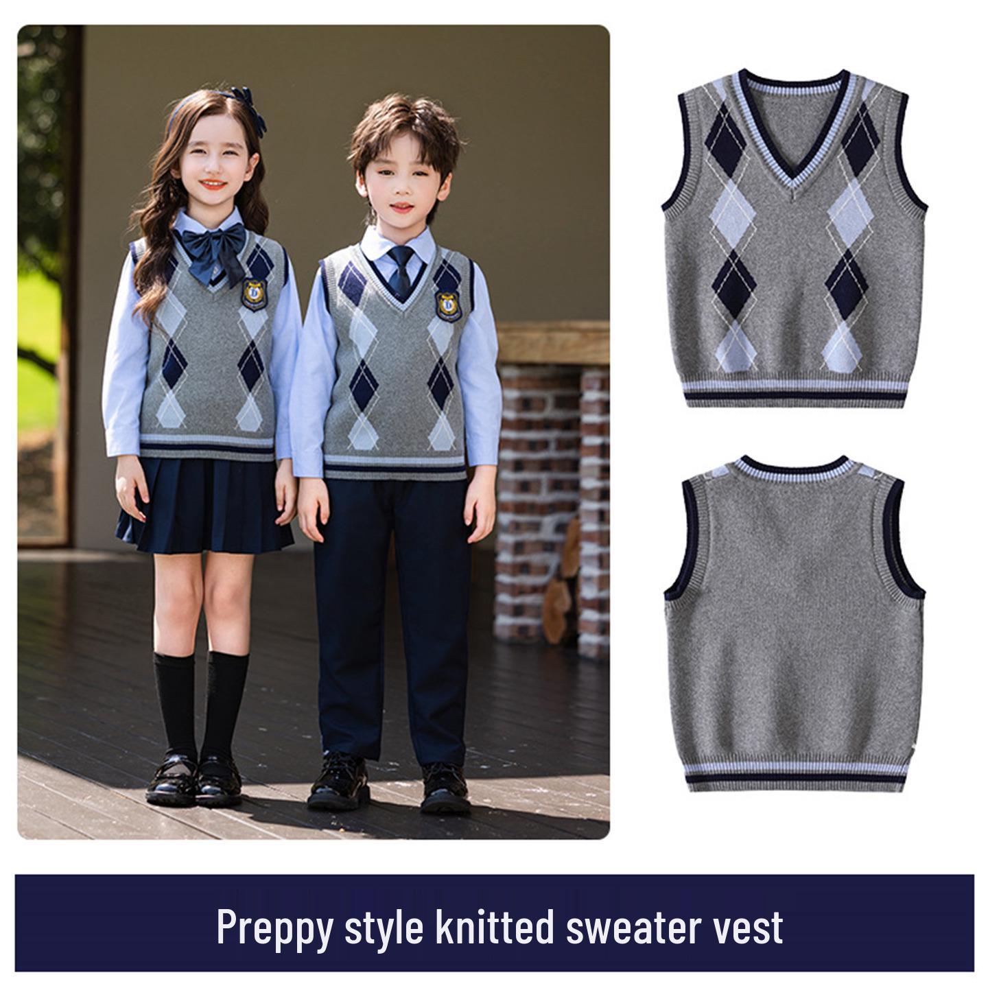 

British Style Primary School Sweater Uniform Set - Children s Spring/Autumn Knitted Vest & Performance Costume 140 cm