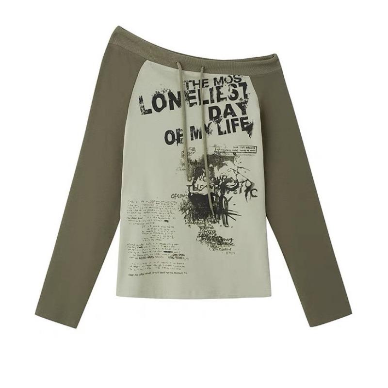 Japanese Y2k Style T Shirts Women Off Shoulder Grunge 90s Cotton Graphic Tops Vintage Harajuku Aesthetic Long Sleeve Tees