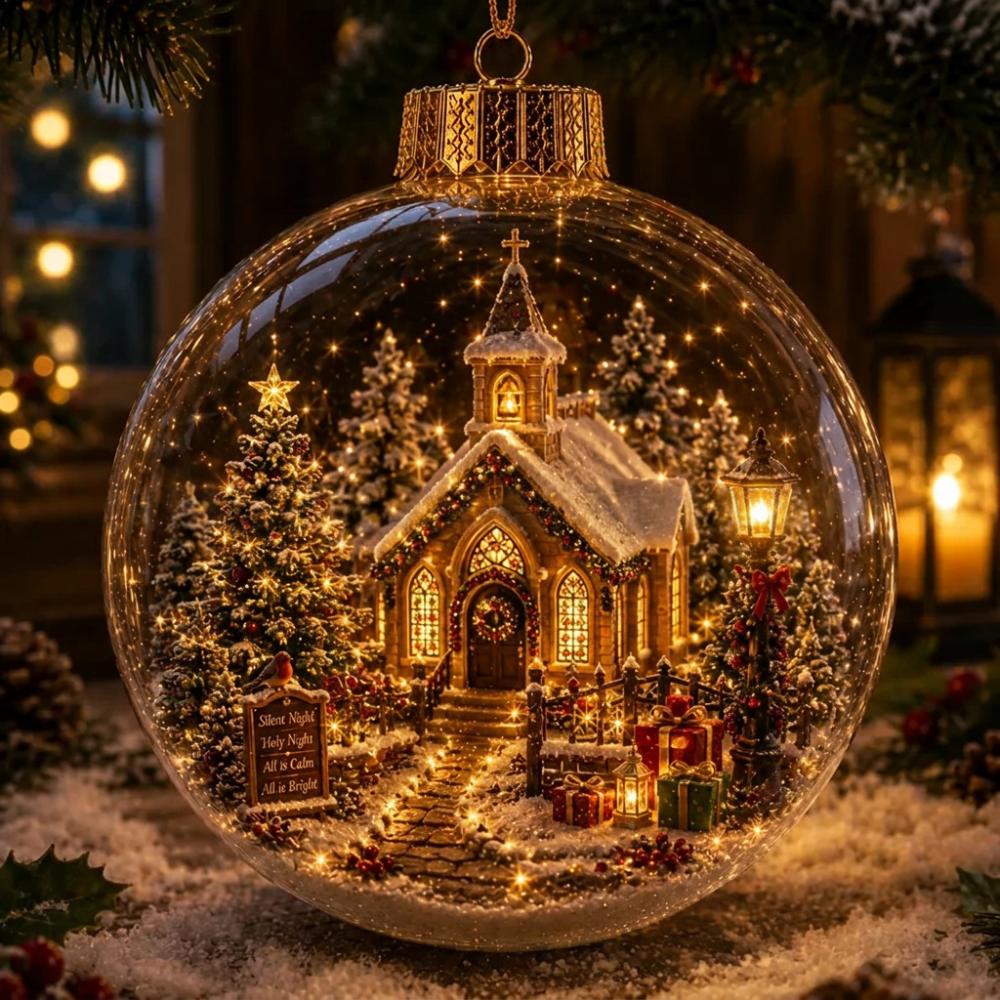 Vintage Winter Glowing Christmas Ball Ornament LED Warm Lights Snow House 3D Christmas Hanging Bauble Plastic Acrylic