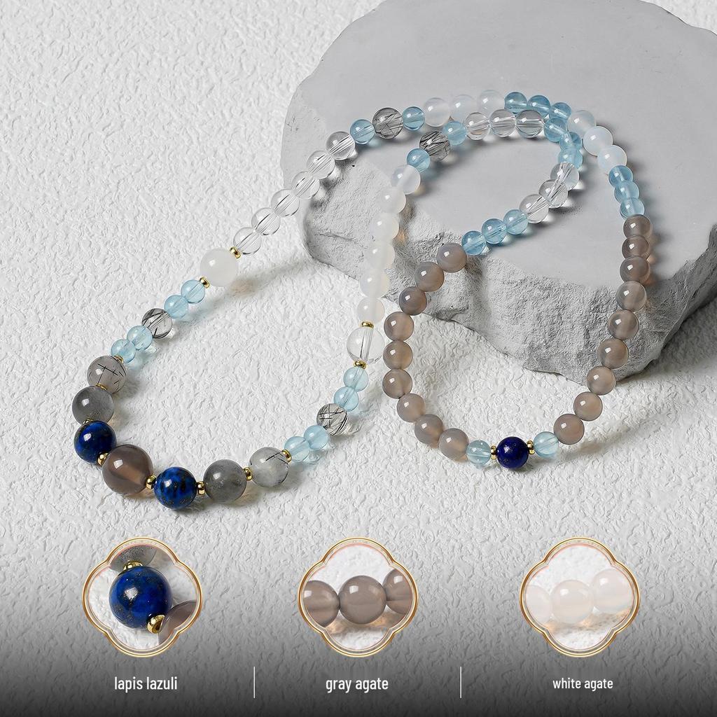 Pulseira Feminina Artesanal Chinesa de Três Círculos com Água-Marinha, Lápis-Lazúli e Contas de Cristal Branco
