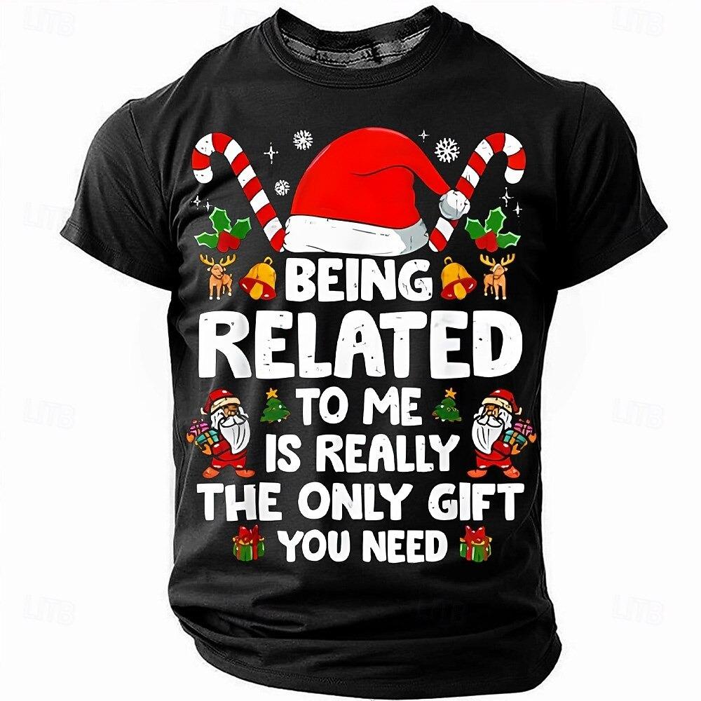 Świąteczny zabawny T-shirt męski z krótkim rękawem i okrągłym dekoltem 'Bycie ze mną w rodzinie to naprawdę jedyny prezent, jakiego potrzebujesz' Top z humorystycznym nadrukiem