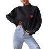 Womens Short Cropped High Neck Sweater Loose Fit Heart Print Casual Pullover Knit Top