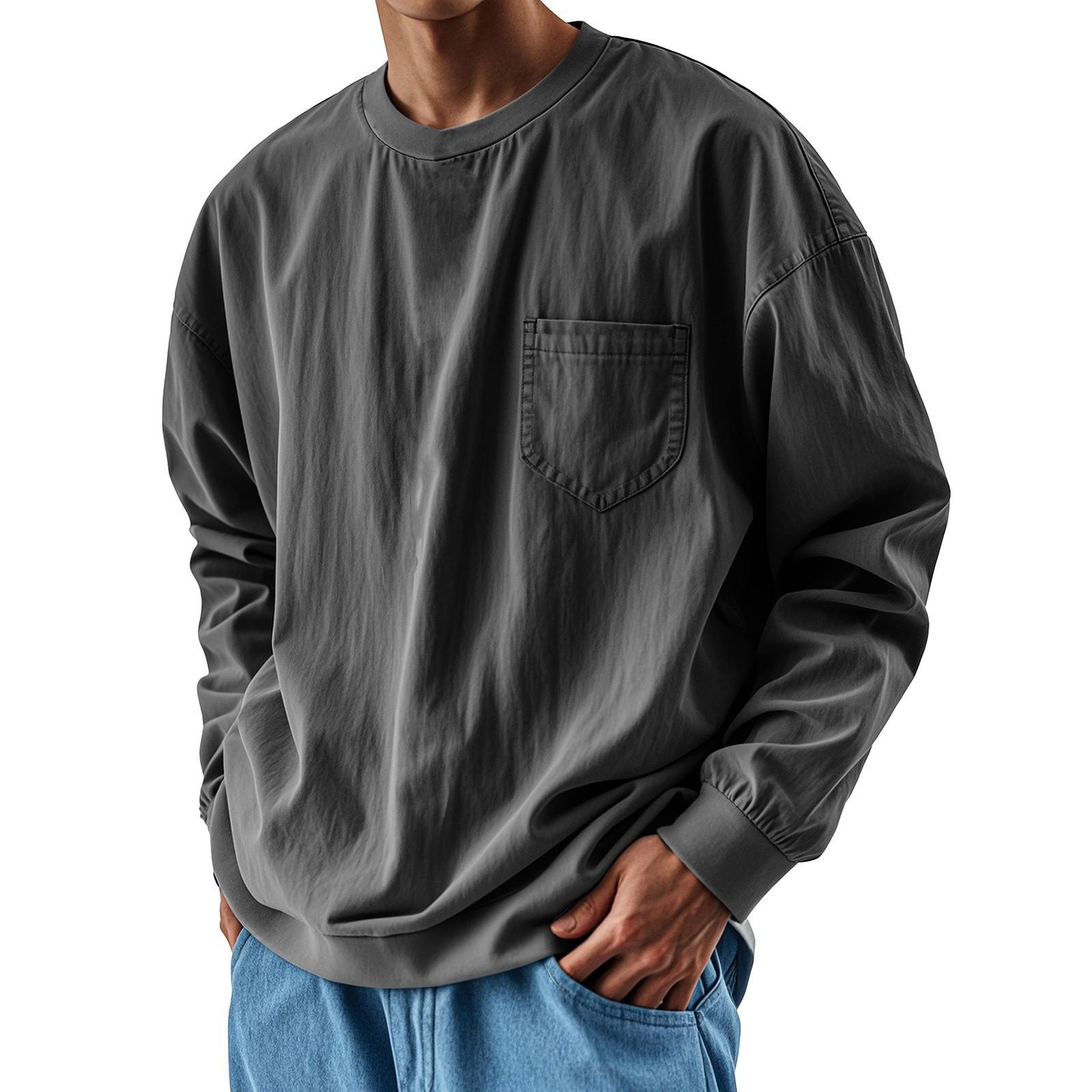 

Men’s Long Sleeve Crew Neck Pocket Shirt Loose Fit Casual Pullover Top for Everyday Wear Lightweight Cotton Material L чёрный