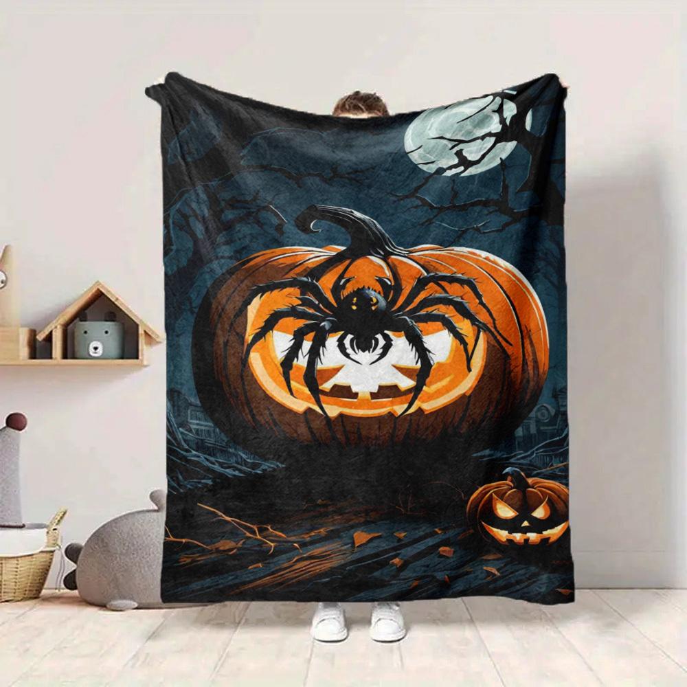 1pc Halloween Pumpkin, Spider Blanket Lightweight Flannel Blanket Throw Blanket For Sofa, Bed, Travel, Camping, Livingroom, Couch, Chair, And Bed Yy25