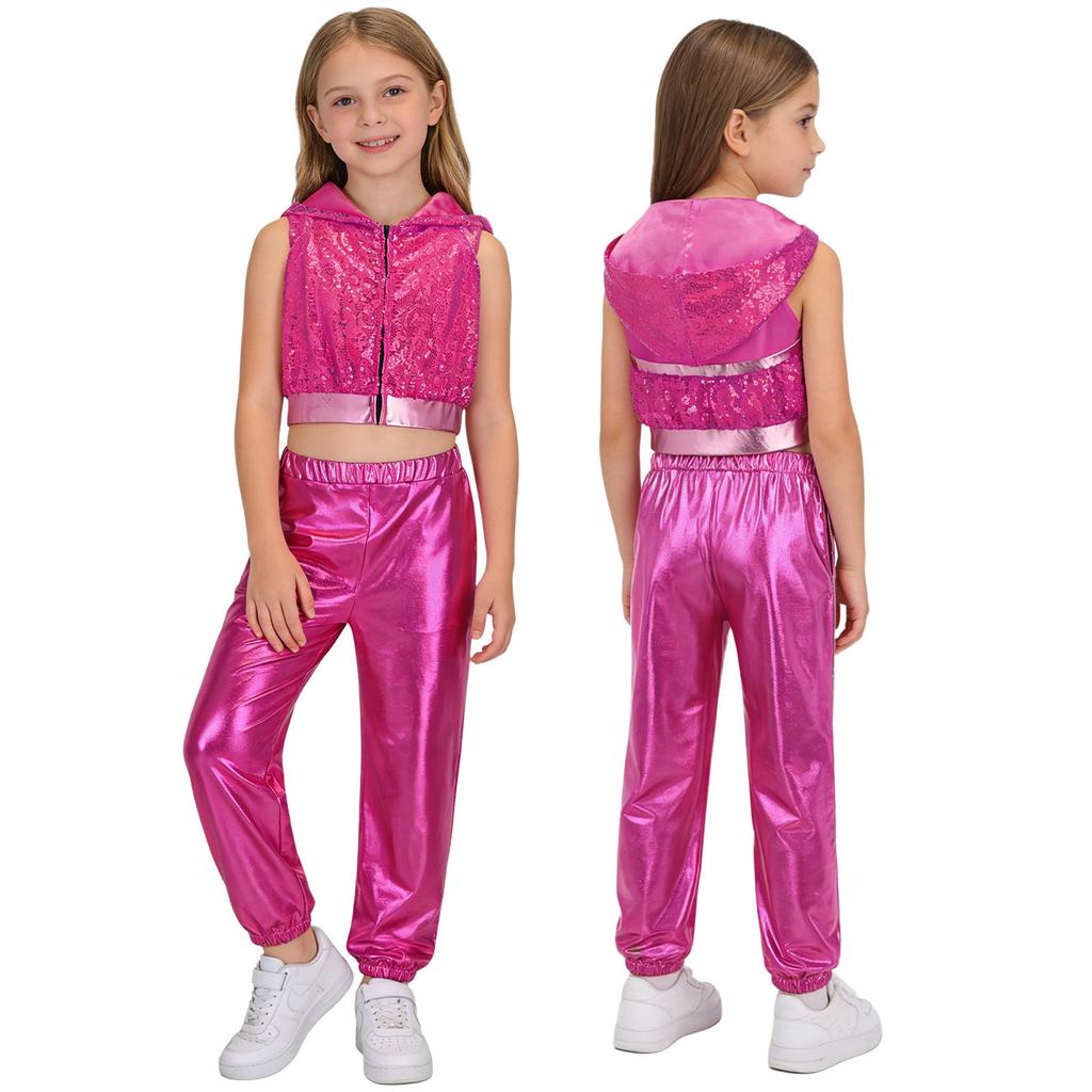 Kinder Mädchen Hip-Hop Jazz Tanzkostüm Ärmellos Rückenfrei Reißverschluss vorne Funkelnde Pailletten Kapuze Crop Top mit elastischem Bund Metallische Hose