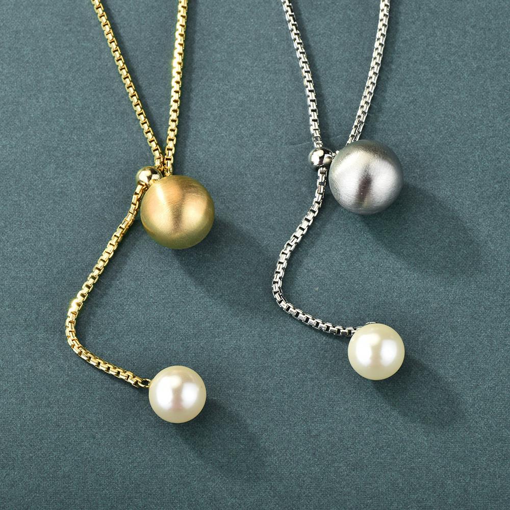 Chic Pull And Slide Pearl Long Pendant Necklace With Sleek Snake Chain For Fashionable Women
