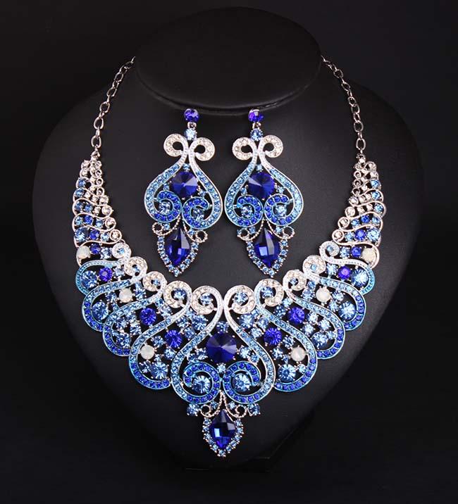 Elegant Full Diamond Clavicle Necklace & Earring Set for Evening Dress & Bridal Wear