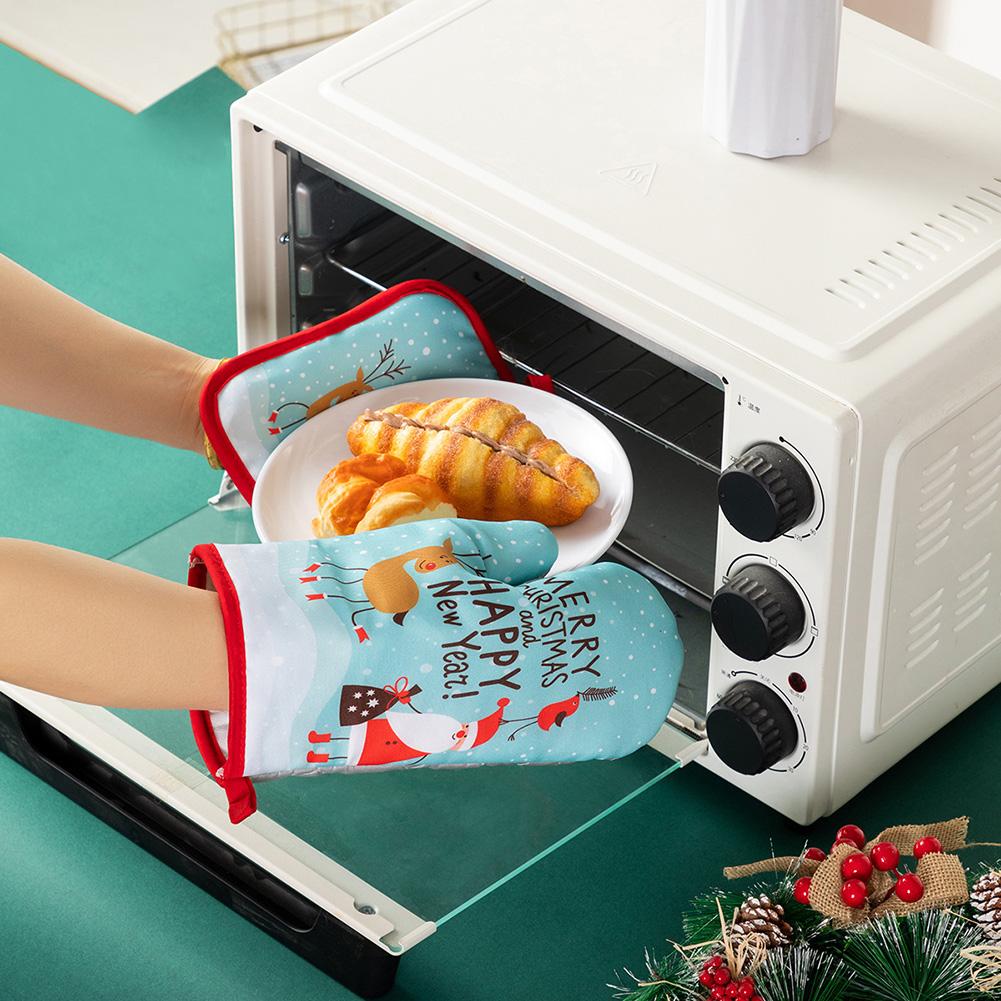 Thickened Oven Gloves Kitchen Cooking Baking Anti-Scalding Microwave Oven Gloves Heat Proof Protected Xmas Pattern Mittens