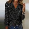 Breathable Premium Blouse Soft Long Sleeve V Neck Loose Women Shirt Daily Party Club Commute Sequin Lady Pullover