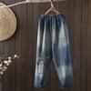 Women's Retro Cropped Embroidered Pants - Elastic Waist, Loose Fit, Summer Eight-Point Jeans