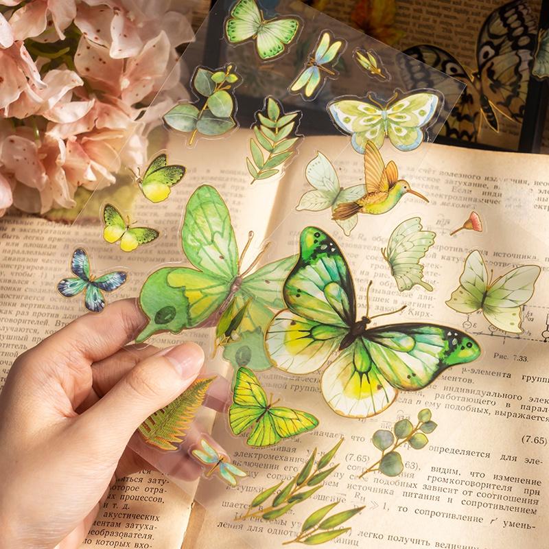 2Pcs Good Day Bronzing PET Sticker Butterfly Garden Series Plant Hand Account DIY Decoration