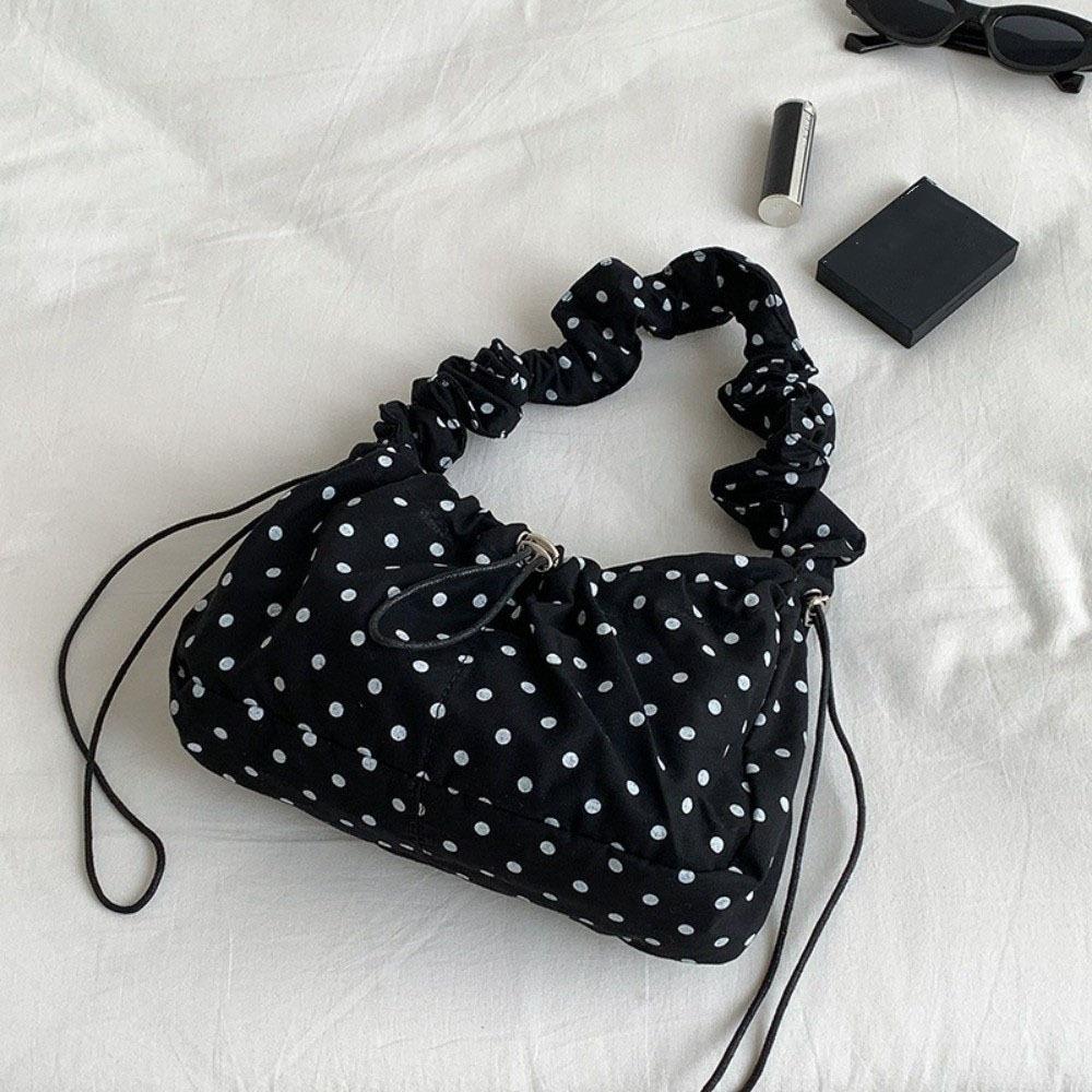 

Versatile Polka Dot Underarm Bag Korean Style Pleated Strap Tote Bag Nylon Messenger Pouch Beach чёрный